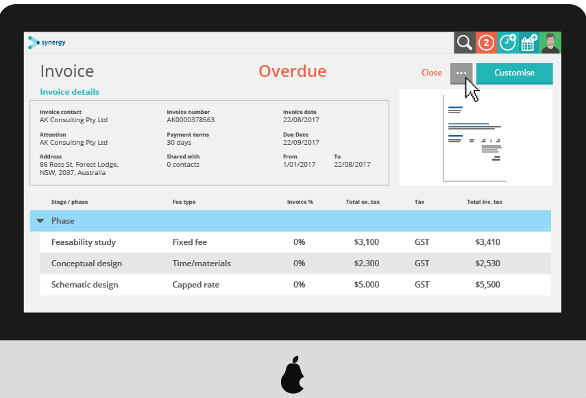 Manage invoicing more effectively and efficiently with Synergy business and project management software.
