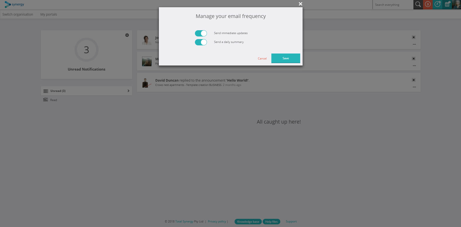 Learn how to manage email notifications in Synergy.